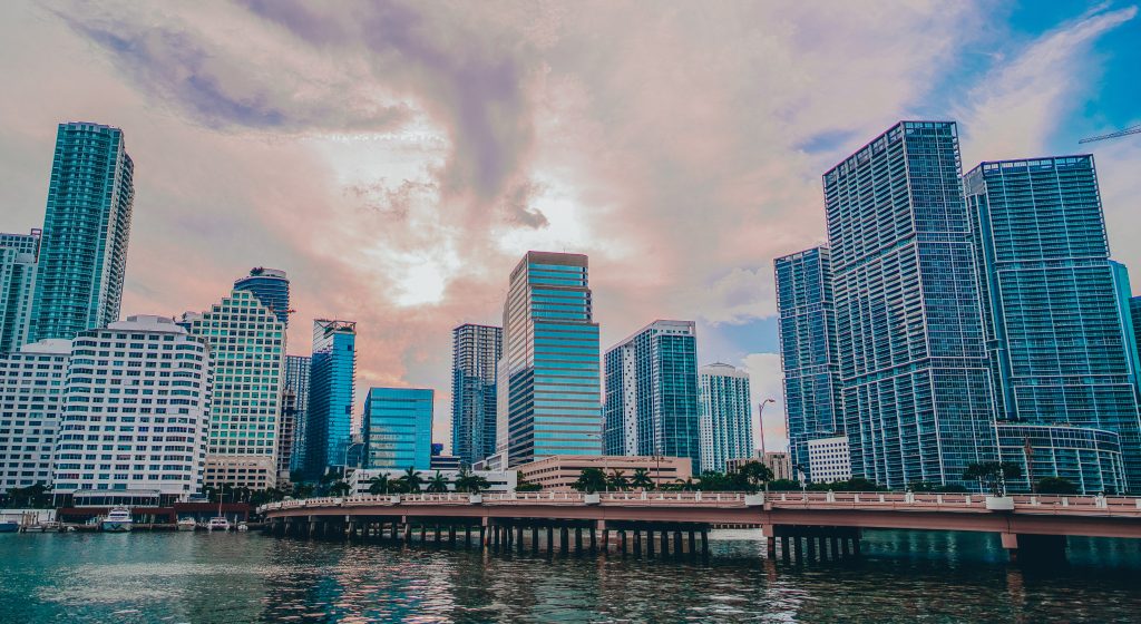 Miami skyline with waterfront view of downtown and Brickell buildings