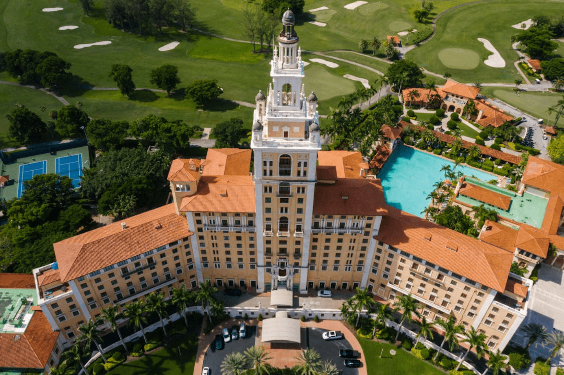 Aerial view of Biltmore Hotel and golf course.