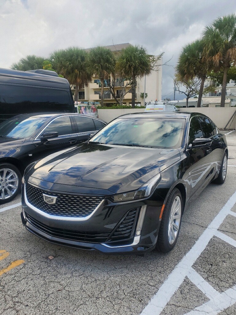 Black luxury sedan by System Shuttle Miami parked outdoors near palm trees under cloudy skies.