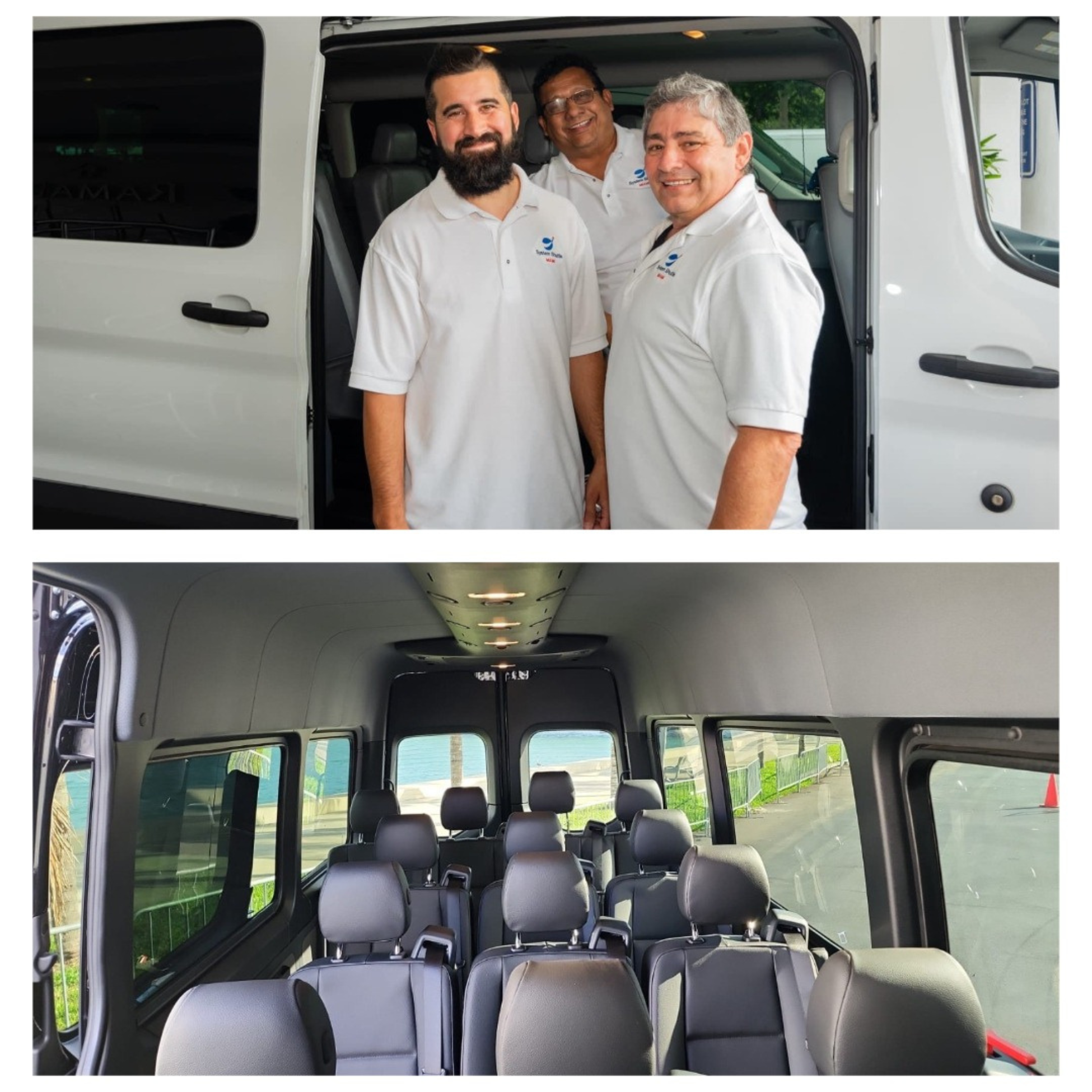 System Shuttle Miami team standing beside passenger van with spacious interior seating view for group transportation service