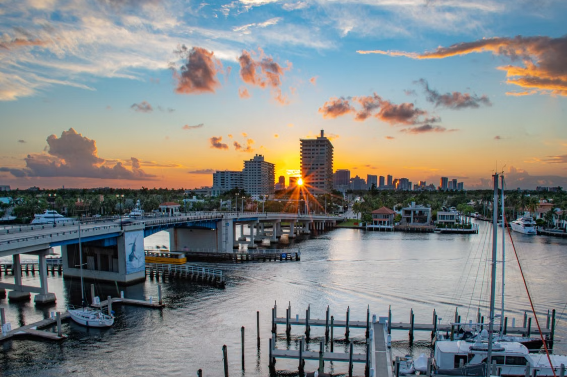 Sunrise over Fort Lauderdale waterfront with marina