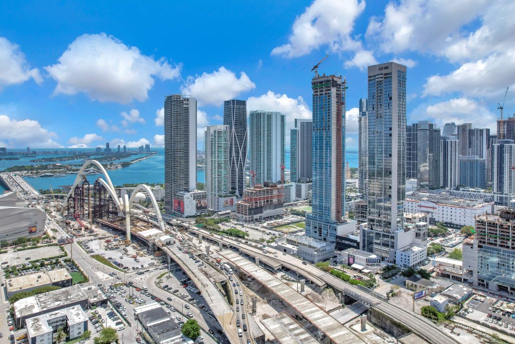 Aerial view of Downtown Miami skyline, highway interchanges, and Miami real estate