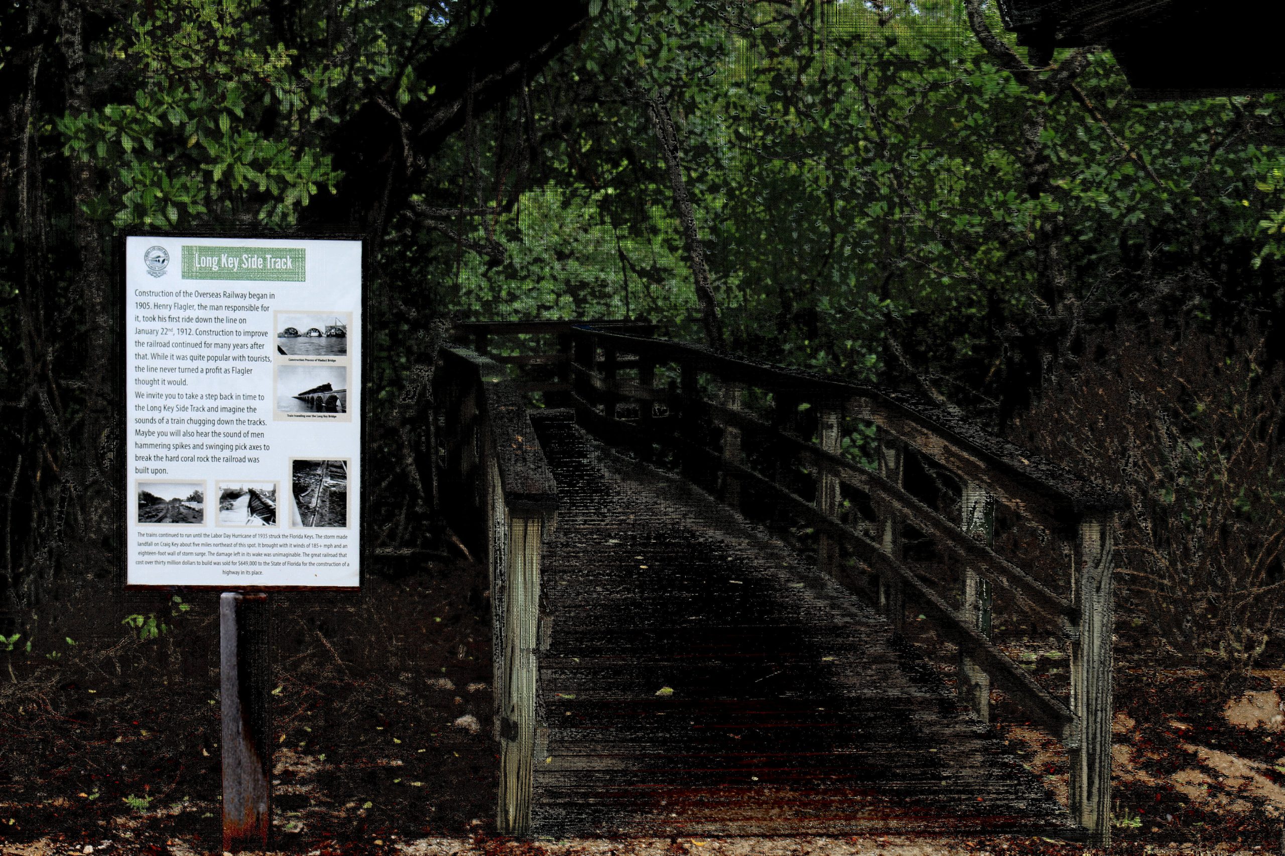 Long Key Side Track nature trail boardwalk and historical marker in the Florida Keys.